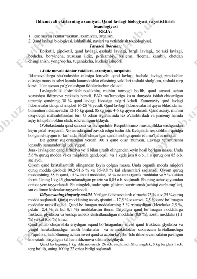 ildizmevali ekinlarning axamiyati. qand lavlagi biologiyasi va yetishtirish texnologiyasi — DOCX
