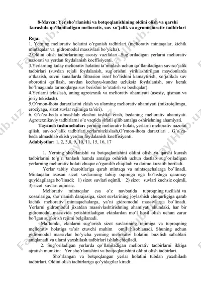 yer sho’rlanishi va botqoqlanishining oldini olish va qarshi kurashda qo’llaniladigan meliorativ, suv xo’jalik va agromeliorativ tadbirlari — DOCX