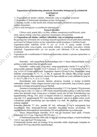 tuganakmevali ekinlarning ahamiyati. kartoshka biologiyasi va yetishtirish texnologiyasi — DOCX