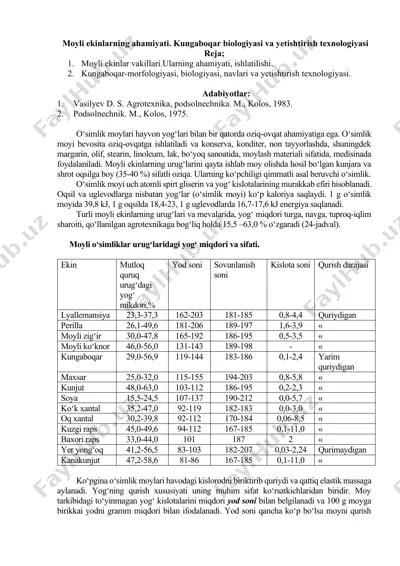 moyli ekinlarning ahamiyati. kungaboqar biologiyasi va yetishtirish texnologiyasi — DOCX