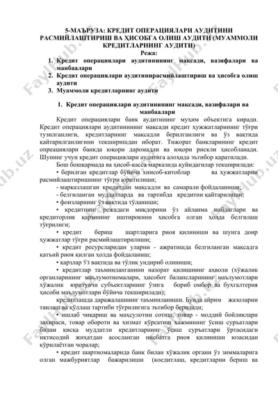 kredit operatsiyalari auditini rasmilashtirish va hisobga olish audit — DOCX