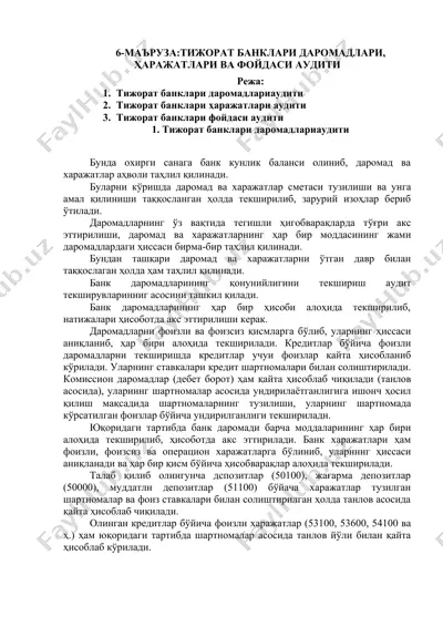 маъруза:тижорат банклари даромадлари, ҳаражатлари ва фойдаси аудити — DOCX