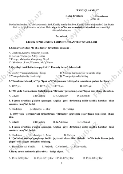 davlat imtihonlari bloklar bo'yicha testlar to'plami — DOCX