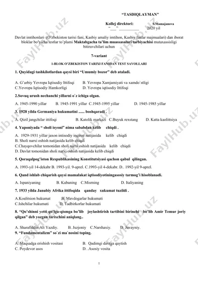 davlat imtihonlari bloklar bo’yicha testlar to’plami (maktabgacha ta’lim muassasalari tarbiyachisi mutaxassisligi bitiruvchilari uchun) — DOCX
