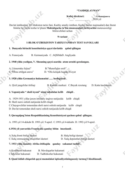 davlat imtihonlari (o‘zbekiston tarixi fani) — DOCX