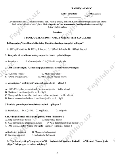 davlat imtihonlari test savollari — DOCX