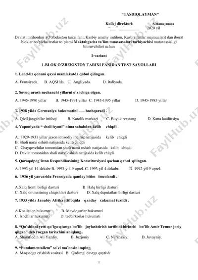 o'zbekiston tarixi fanidan testlar to'plami — DOCX
