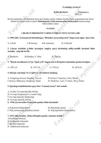 test to'plami maktabgacha ta'lim muassasalari tarbiyachisi mutaxassisligi bitiruvchilari uchun — DOCX