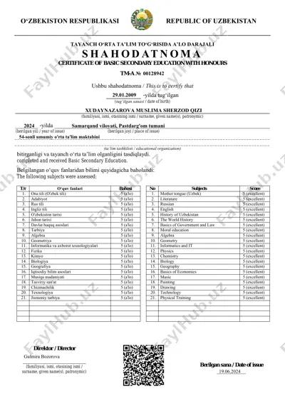 tayanch o‘rta ta’lim to‘g‘risida a’lo darajali s h a h o d at n o m a — PDF
