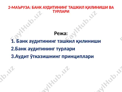 ma'ruza: bank auditining tashkil qilinishi va turlari — PPTX