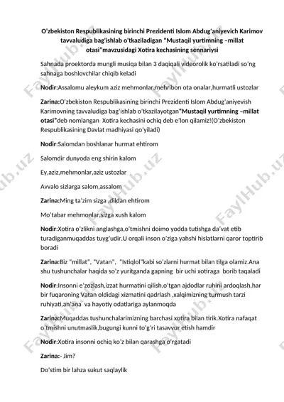 "o’zbekiston respublikasining birinchi prezidenti islom abdug'aniyevich karimov tavvaludiga bag'ishlab o'tkaziladigan “mustaqil yurtimning –millat otasi”mavzusidagi xotira kechasining sennariysi" — DOCX
