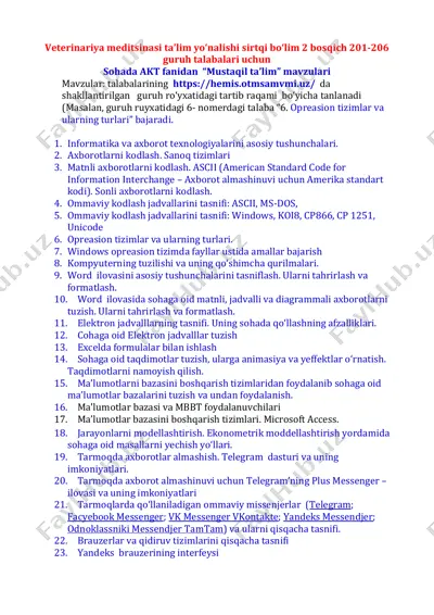 veterinariya meditsinasi ta’lim yo‘nalishi sirtqi bo‘lim 2 bosqich 201-206 guruh talabalari uchun sohada akt fanidan “mustaqil ta’lim” mavzulari — PDF