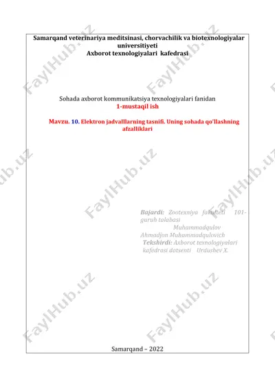 elektron jadvalllarning tasnifi va ularning qo'llanilishidagi afzalliklari — PDF