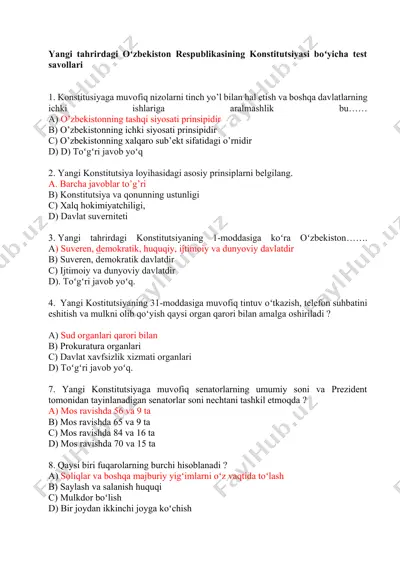 oʻzbekiston respublikasining konstitutsiyasi boʻyicha test savollari — DOCX
