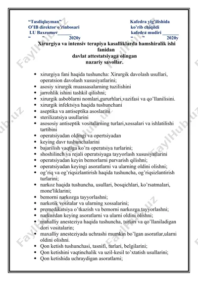 xirurgiya va intensiv terapiya kasalliklarda hamshiralik ishi fanidan davlat attestatsiyaga olingan nazariy savollar — DOCX