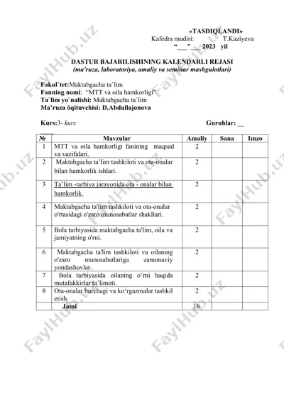 dastur bajarilishining kalendarli rejasi — DOCX