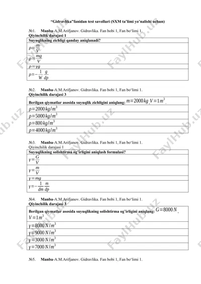 gidravlika test savollari (sxm ta’limi yo’nalishi uchun) — DOCX