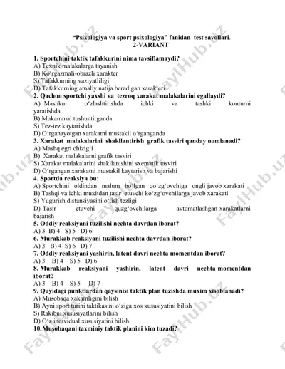 psixologiya va sport psixologiya test savollari — DOCX