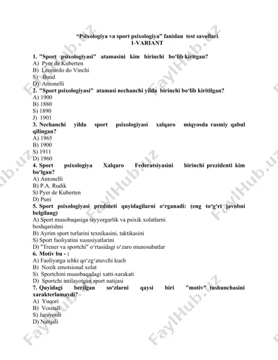 psixologiya va sport psixologiya test savollari — DOCX