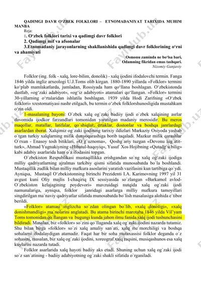 qadimgi davr о‘zbek folklori – etnomadaniyat tarixida muhim manba — DOCX
