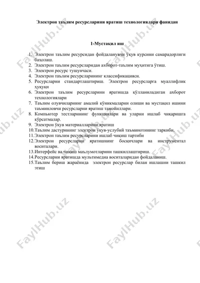 elektron ta'lim resurslarini yaratish texnologiyalari fanidan — DOCX