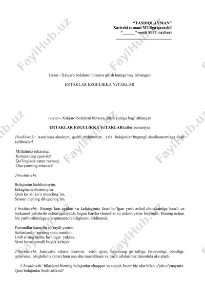xalqaro bolalarni himoya qilish kuniga bag'ishlangan tadbir ssenariysi — DOCX