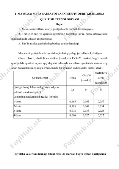 meva-sabzavotlarni sun’iy quritgichlarda quritish texnologiyasi — DOCX
