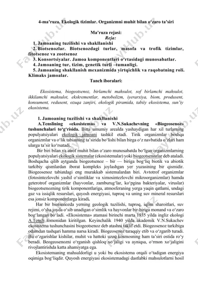 ekologik tizimlar. organizmni muhit bilan oʻzaro taʼsiri — DOCX