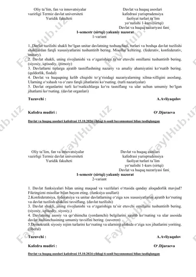 davlat tuzilishi shakli bo‘lgan unitar davlatning tushunchasi — DOCX