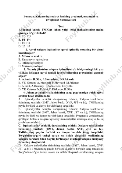 xalqaro iqtisodiyot fanining predmeti, mazmuni va rivojlanish xususiyatlari — DOCX