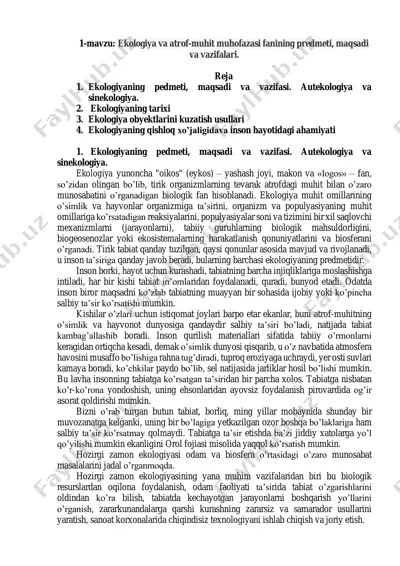 ekologiya va atrof-muhit muhofazasi fanining predmeti, maqsadi va vazifalari — PDF