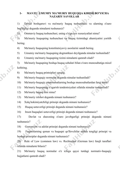umumiy ma'muriy huquqqa kirish bo'yicha nazariy savollar — DOCX
