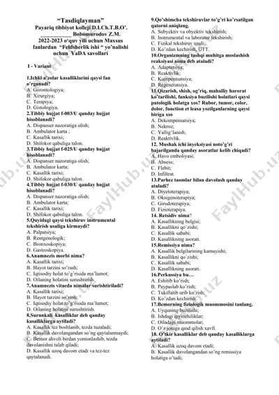 savolnoma "feldsherlik ishi" — DOCX