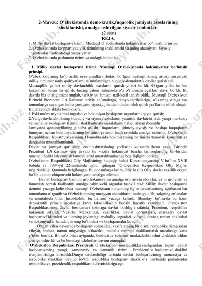 o‘zbekistonda demokratik, fuqarolik jamiyati asoslarining shakllanishi, amalga oshirilgan siyosiy islohotlar — DOCX