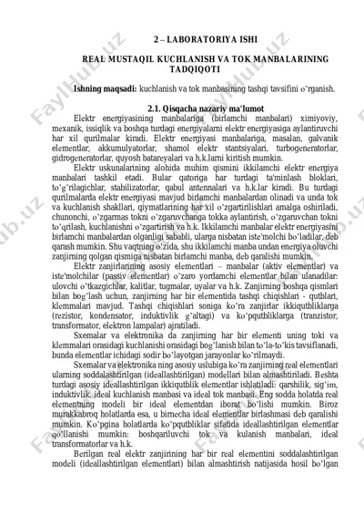 laboratoriya ishi - real mustaqil kuchlanish va tok manbalarining tadqiqoti — PDF