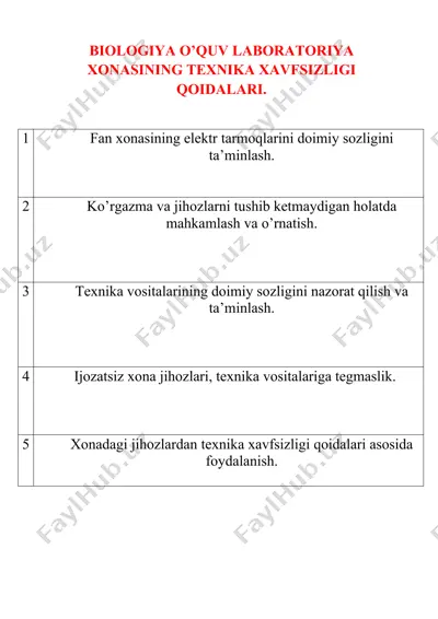 biologiya o’quv laboratoriya xonasining texnika xavfsizligi qoidalari — DOCX