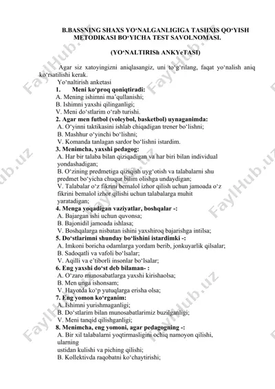 b.bassning shaxs yo‘nalganligiga tashxis qo‘yish metodikasi bo‘yicha test savolnomasi — DOCX