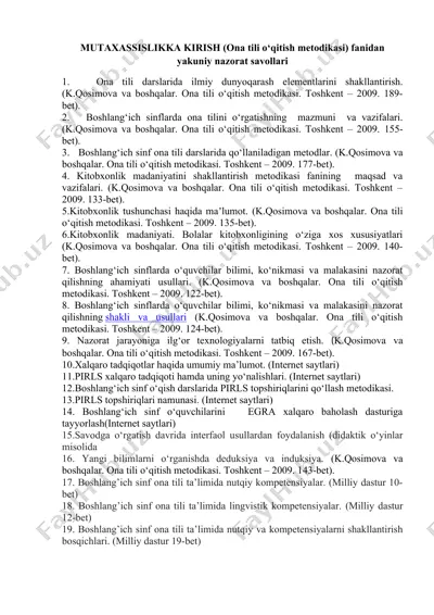 mutaxassislikka kirish (ona tili o‘qitish metodikasi) fanidan yakuniy nazorat savollari — DOCX
