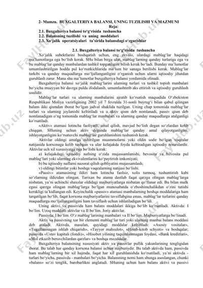 buxgalteriya balansi, uning tuzilishi va mazmuni — DOCX