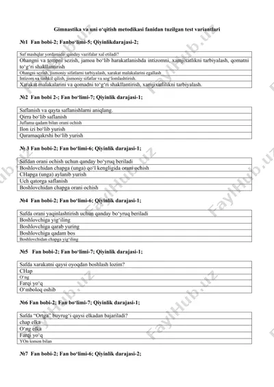 gimnastika va uni o‘qitish metodikasi fanidan tuzilgan test variantlari — DOCX