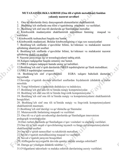 mutaxassislikka kirish (ona tili o‘qitish metodikasi) fanidan yakuniy nazorat savollari — DOCX