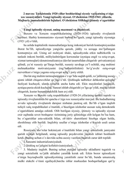 turkistonda 1920 yillar boshlaridagi siyosiy vaziyat va iqtisodiy o'zgarishlar — DOCX