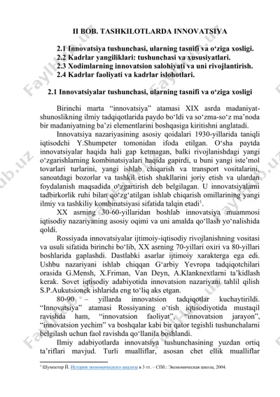 innovatsiya tushunchasi va uning o‘ziga xosligi — DOCX