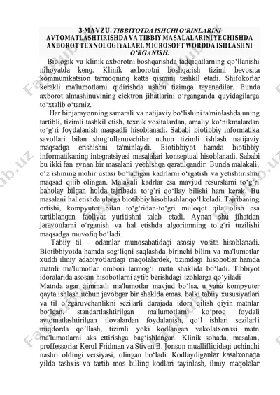 tibbiyotda ishchi o‘rinlarini avtomatlashtirish va tibbiy masalalarni yechishda axborot texnologiyalari. microsoft wordda ishlashni o’rganish — PDF