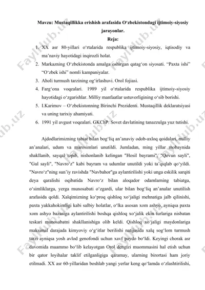 mustaqillikka erishish arafasida o‘zbekistondagi ijtimoiy-siyosiy jarayonlar — DOCX