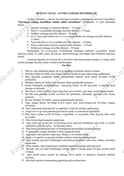 deviant xulq - atvor tashxisi metodikasi — DOCX
