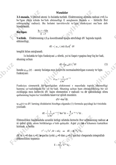 vodorod atomining 1s holatining to‘lqin funksiyasi — PDF