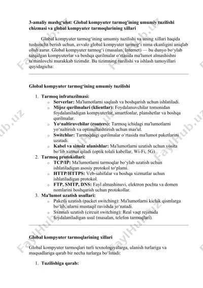 global kompyuter tarmog'ining umumiy tuzilishi chizmasi va global kompyuter tarmoqlarining xillari — DOCX