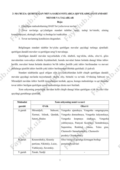 quritilgan meva-sabzavotlarga qo‘yiladigan standart meyor va talablar — DOCX