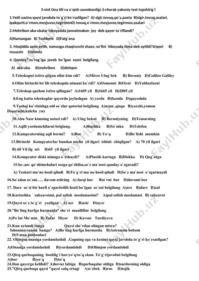 3-sinf.ona tili va o`qish savodxonligi.3-chorak yakuniy test topshirig`i — DOCX